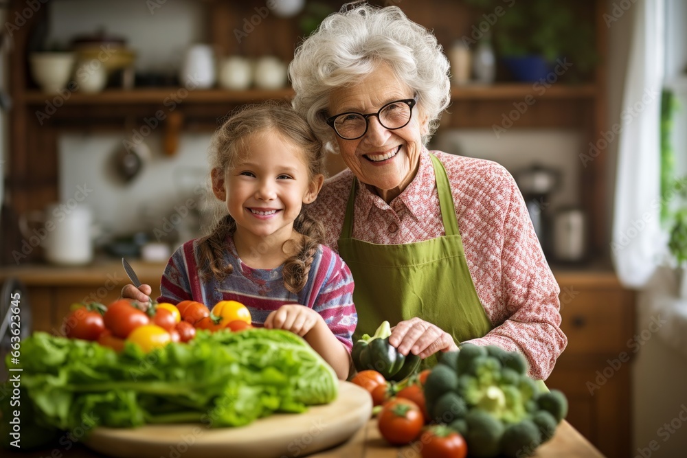 senior woman with little kid having a healthy vegetarian food; old lady and child preparing vegan salad; grandmother and granddaughter girl cooking vegetables and smiling together in the kitchen senior woman with little kid having a healthy vegetarian food; old lady and child preparing vegan salad; grandmother and granddaughter girl cooking vegetables and smiling together in the kitchen