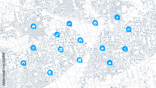 Abstract transportation background with POI. Transportation-related designs, promotional materials. Establishments, gas stations, parks, restaurants. Streets, blocks, route for movement on the streets