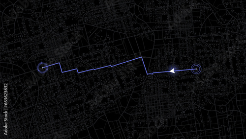 Location tracks dashboard. City street road. City streets and blocks, route distance data, path turns and destination tag or mark. Huge city top view. vector, illustration. Abstract background.