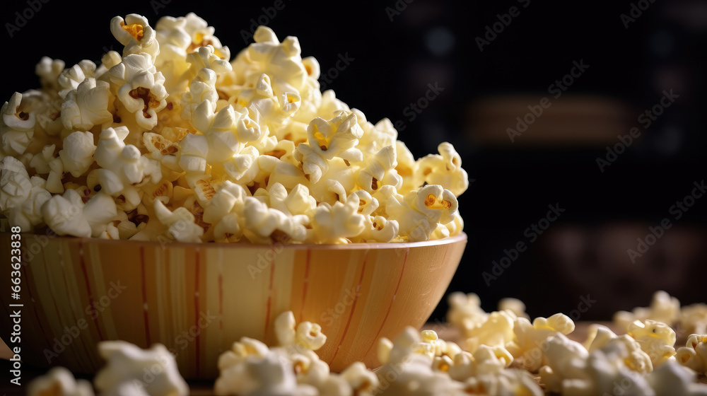 Close - up photo of a bucket of fresh popcorn is taken from its basket inside a movie theater Close - up photo of a bucket of fresh popcorn is taken from its basket inside a movie theater