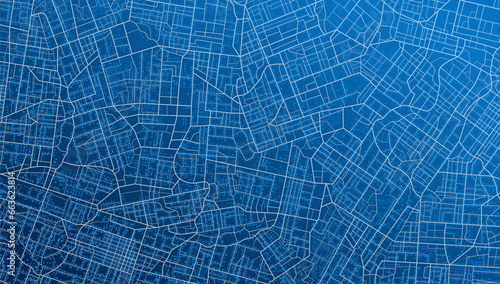 Blue city area, background map, streets. Skyline urban panorama. Cartography illustration. Widescreen proportion, digital flat design streetmap. Vector City top view. View from above the map