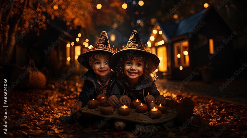 Boys and girls dressed as witches and wizards to celebrate Halloween with pumpkins.