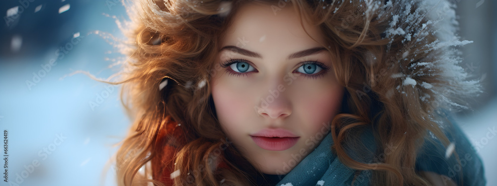 Obraz premium Winter Wonder, Stunning Woman Posing in Snowy Serenity