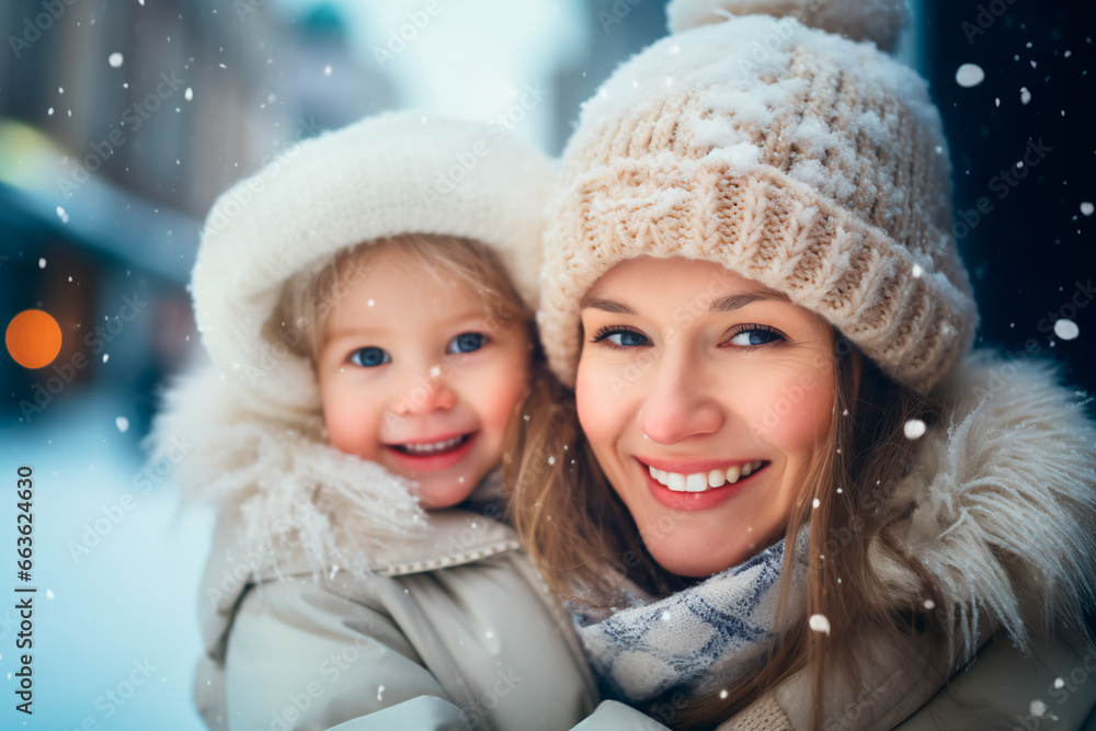 Portrait of a mother and child on a snowy street. Winter atmosphere of a happy family.