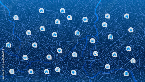 Abstract transportation background with POI. Transportation-related designs, promotional materials. Establishments, gas stations, parks, restaurants. Streets, blocks, route for movement on the streets