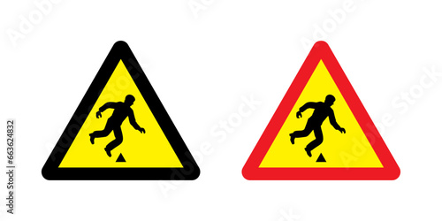 Caution obstacle and warning sign. Mind the step sign. Danger Trip Hazard Symbol Sign Isolated On White Background Label. Vector Illustration.