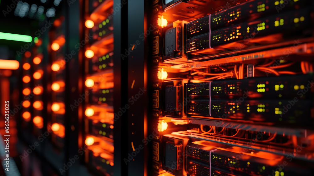 Close up photo of networking cable management in a bustling data center, server data room Close up photo of networking cable management in a bustling data center, server data room