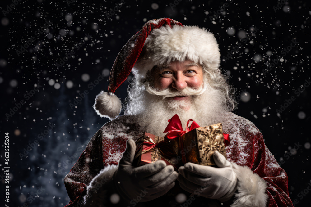 Portrait of the real, good old Santa Claus holding many gift boxes in snowflakes surround Portrait of the real, good old Santa Claus holding many gift boxes in snowflakes surround