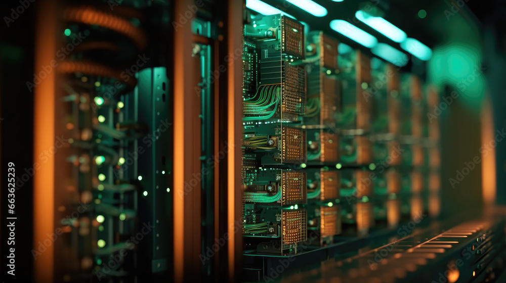 Close up photo of networking cable management in a bustling data center, server data room Close up photo of networking cable management in a bustling data center, server data room