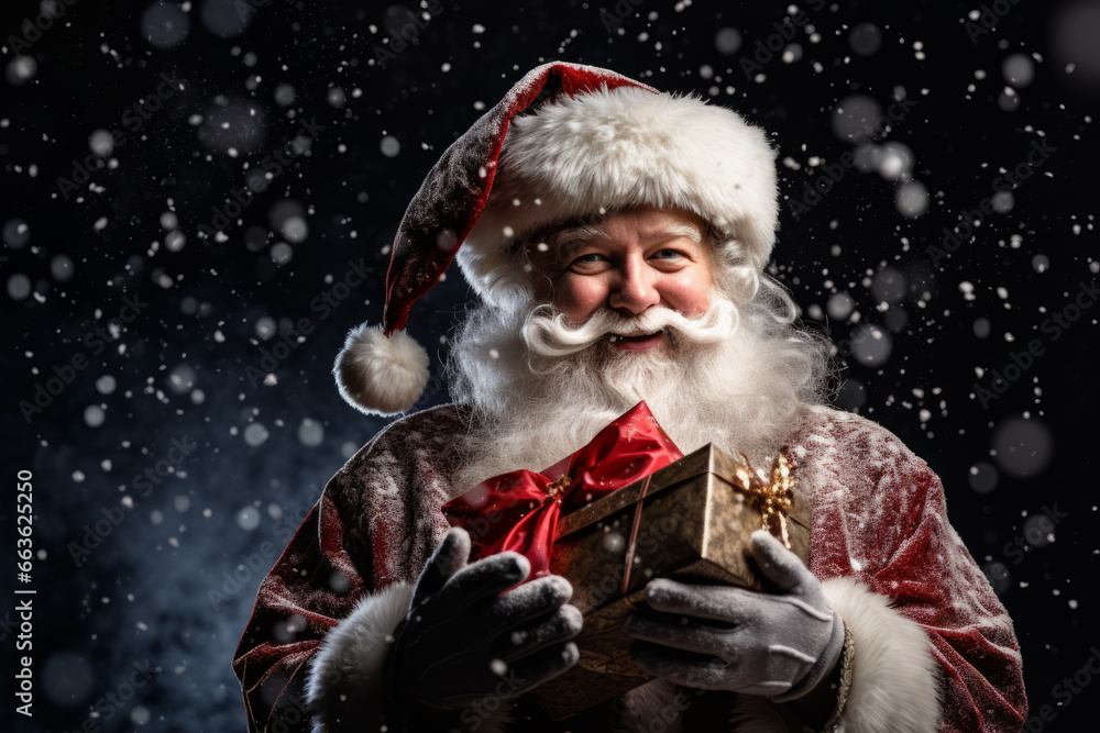 Portrait of the real, good old Santa Claus holding gift box in snowflakes surround Portrait of the real, good old Santa Claus holding gift box in snowflakes surround