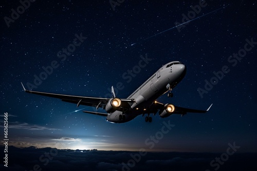 Nighttime airplane in flight. Generative AI