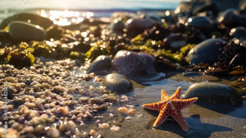 Starfish on the beach, sunlight when sunset