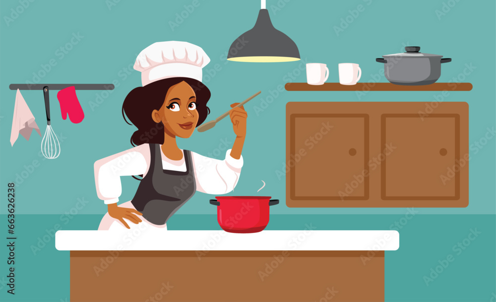 Vector Cartoon Woman Cooking in her Kitchen Preparing Delicious Meal. Cheerful home cook tasting her own dish to see what seasoning it needs
Vector Cartoon Woman Cooking in her Kitchen Preparing Delicious Meal. Cheerful home cook tasting her own dish to see what seasoning it needs