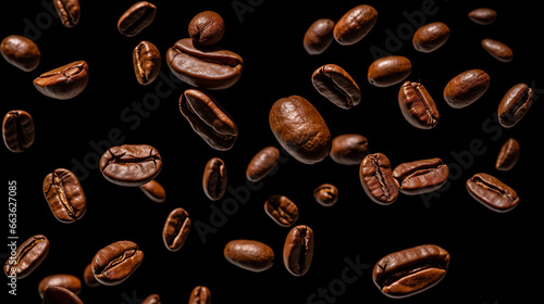 黒背景に飛散するコーヒー豆の背景 photo