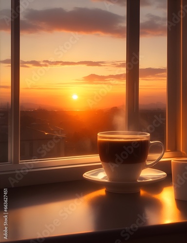 A cup of coffee next to the window while sunset
