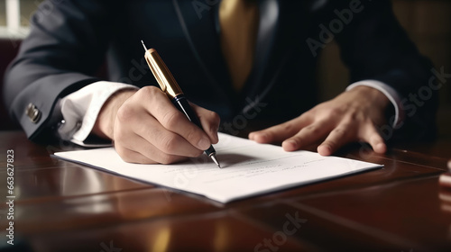 A male businessman in a well-tailored suit signing a significant document