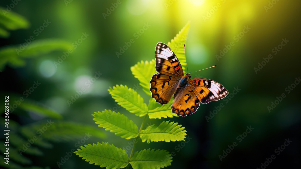 Obraz premium A beautiful close-up of a butterfly sitting on a green leaf