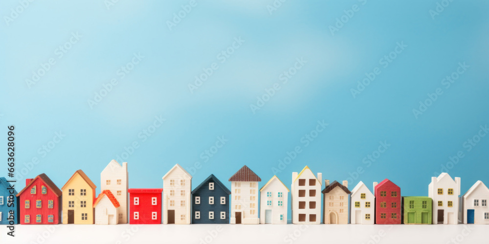 Small wooden toy colored houses on a blue background