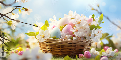 Spring easter decoration. Colorful eggs in a basket with flowers