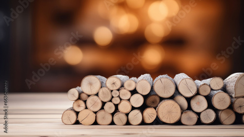 Stack of firewood on the table against the blurred background