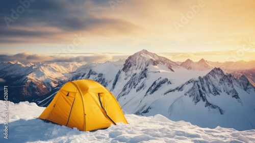 A yellow tent in the winter mountains