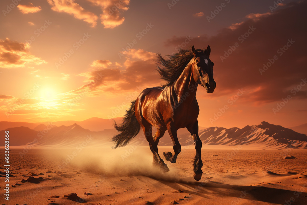 Nature, landscape and animals concept. Majestic wild horse galloping through desert. Generative AI