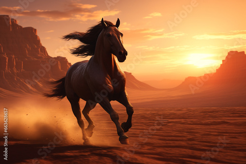Nature, landscape and animals concept. Majestic wild horse galloping through desert. Generative AI © Rytis