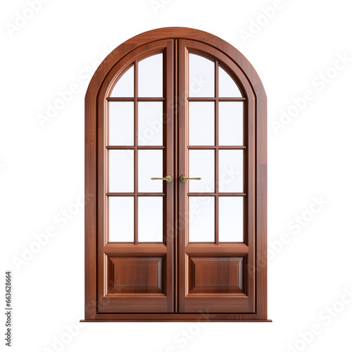 A panoramic wooden door  providing wide views and emphasizing the blend of wood and glass  presented on a transparent background.