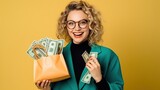 Woman carrying shopping bags and holding moneys isolated background. AI generated