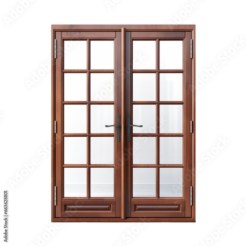 A wooden French windoor with multiple glass panels  allowing ample light and offering elegance  isolated on a transparent background.