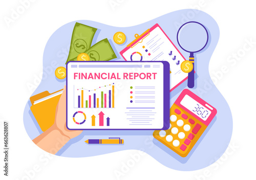 Financial Report Vector Illustration with Data Charts, Graphs and Diagrams on Finance Transaction, Analysis and Statistic Online in Flat Background