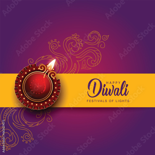 Happy Diwali celebration background. Top view of banner design decorated with illuminated oil lamps on patterned dark background. vector illustration