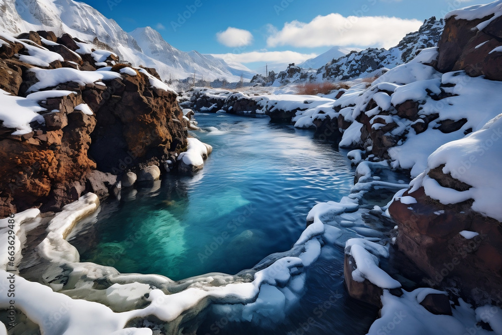 Melting ice and snow surrounding a bubbling hot spring - obrazy, fototapety, plakaty 