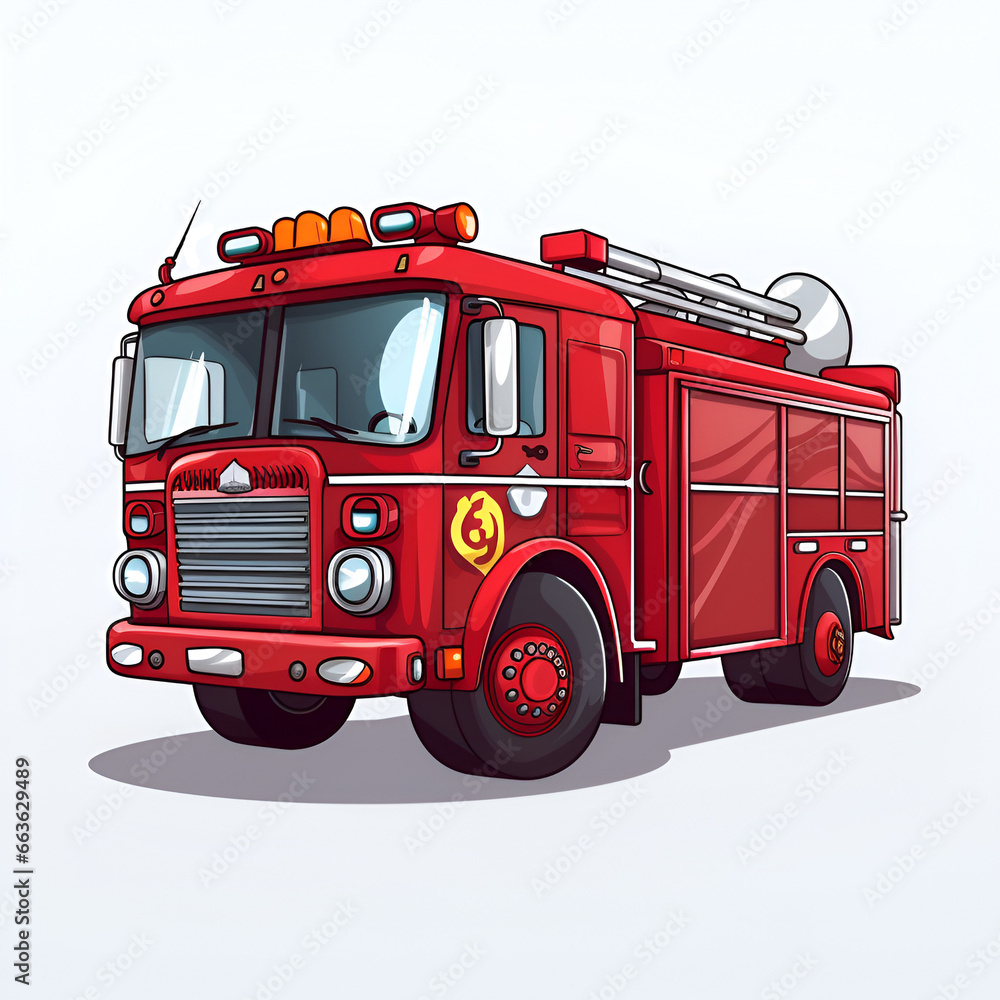 Cartoon Style Fire Truck Fire Engine Fire Fighter White Background