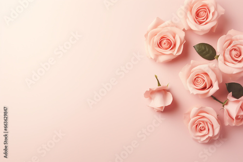 International women day, mothers day concept. Top view of roses flowers blossoms on plain bright background with copy space. Generative AI