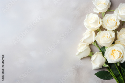 International women day, mothers day concept. Top view of roses flowers blossoms on plain bright background with copy space. Generative AI © Rytis