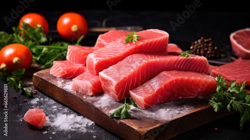 Chunks of red salmon, or sockeye, or coho salmon on a board