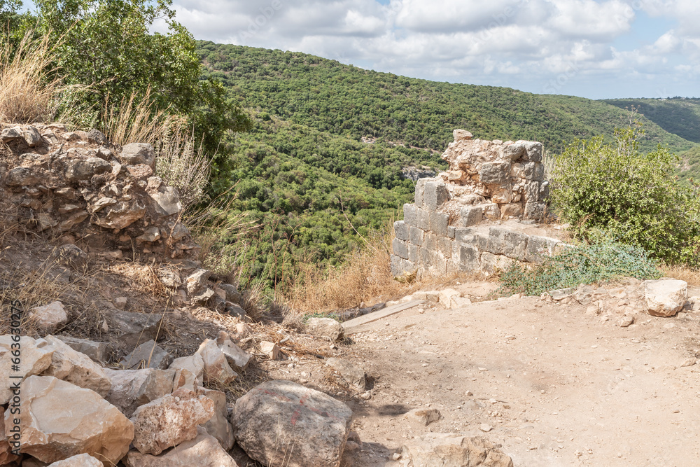 The remains  of outer fortress walls in ruins of residence of Grand Masters of Teutonic Order in ruins of the castle of the Crusader fortress located in the Upper Galilee in northern Israel