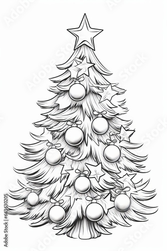Black and white outline coloring book page with Christmas tree
