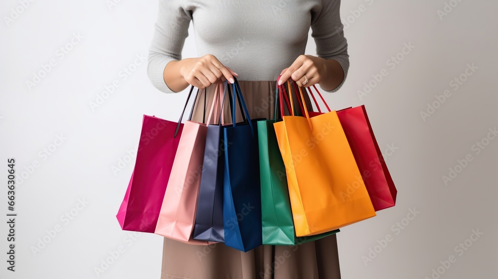Woman carrying colorful shopping bags after going shopping isolated background. AI generated