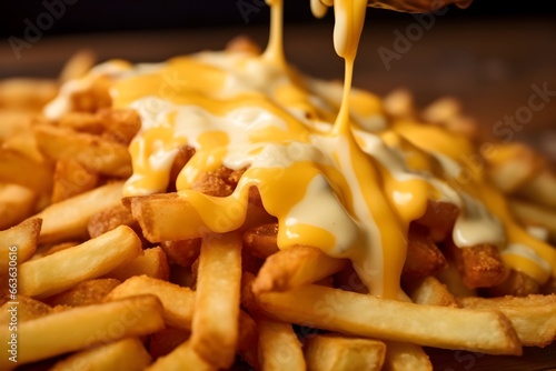 Crispy golden cheese fries with mayonnaise, close up shot, menu, professional food photography, texture, yummy food