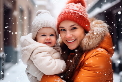 Portrait of a mother and child on a snowy street. Winter atmosphere of a happy family.