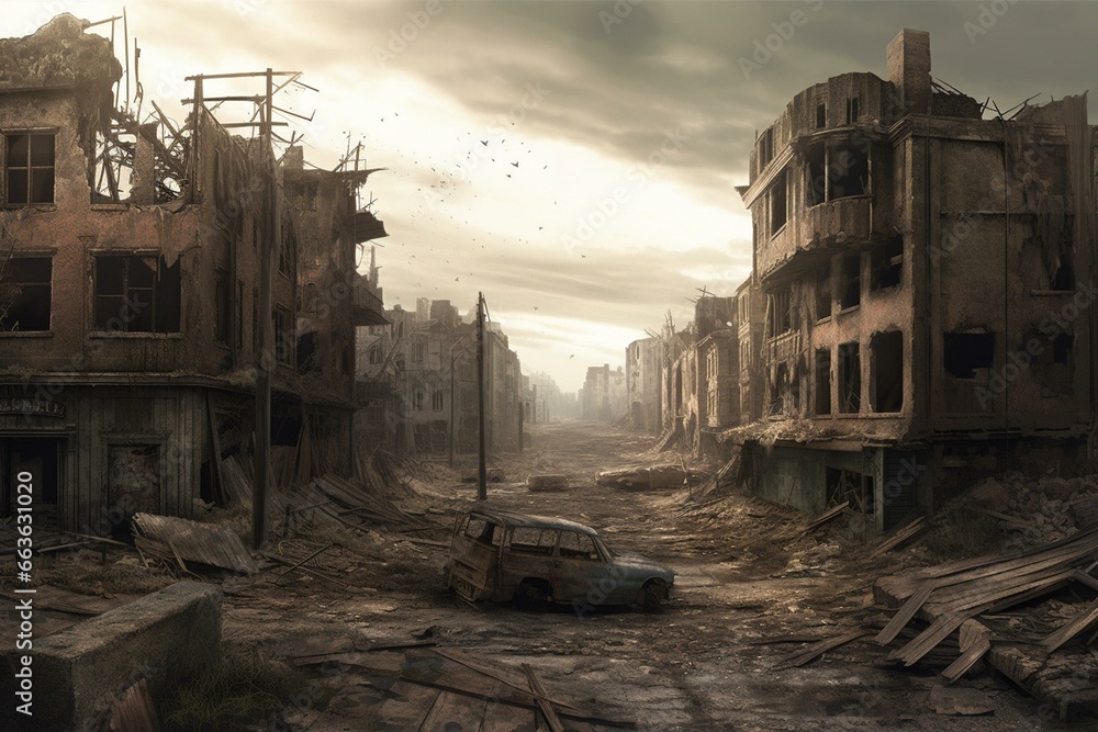 An illustration showcasing a desolate, devastated city. Generative AI