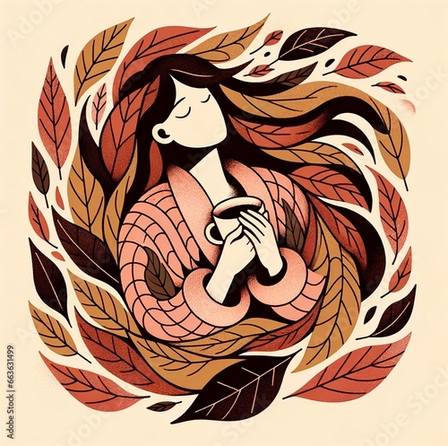 Illustration in a squarish format, depicting a woman in a laid-back position, holding a cup of tea or coffee. She's enveloped by a whirl of autumn photo