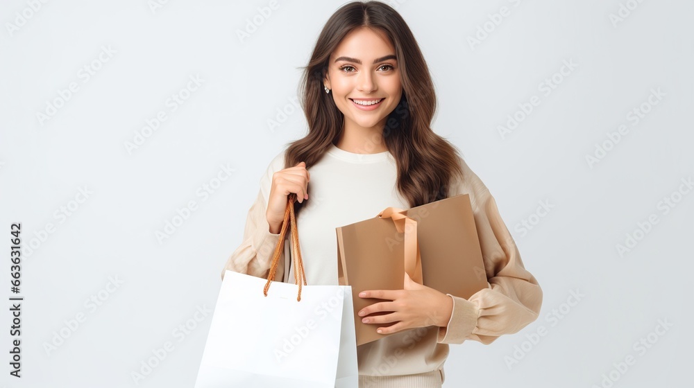Woman carrying shopping bags after going shopping on white background. AI generated Woman carrying shopping bags after going shopping on white background. AI generated