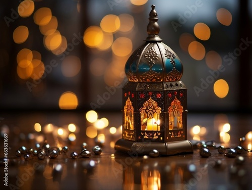 Traditional lantern with beautiful lights and mosque in background generative ai