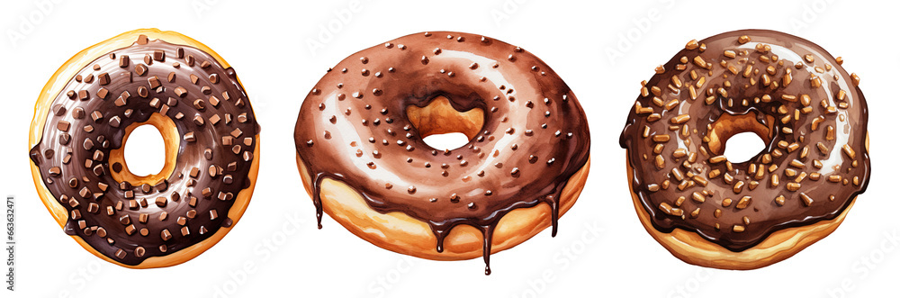 Watercolor illustration of three chocolate donuts isolated on transparent background Watercolor illustration of three chocolate donuts isolated on transparent background