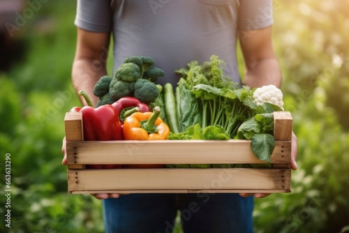 Farmer man holding wooden box full of fresh raw vegetables. © Md