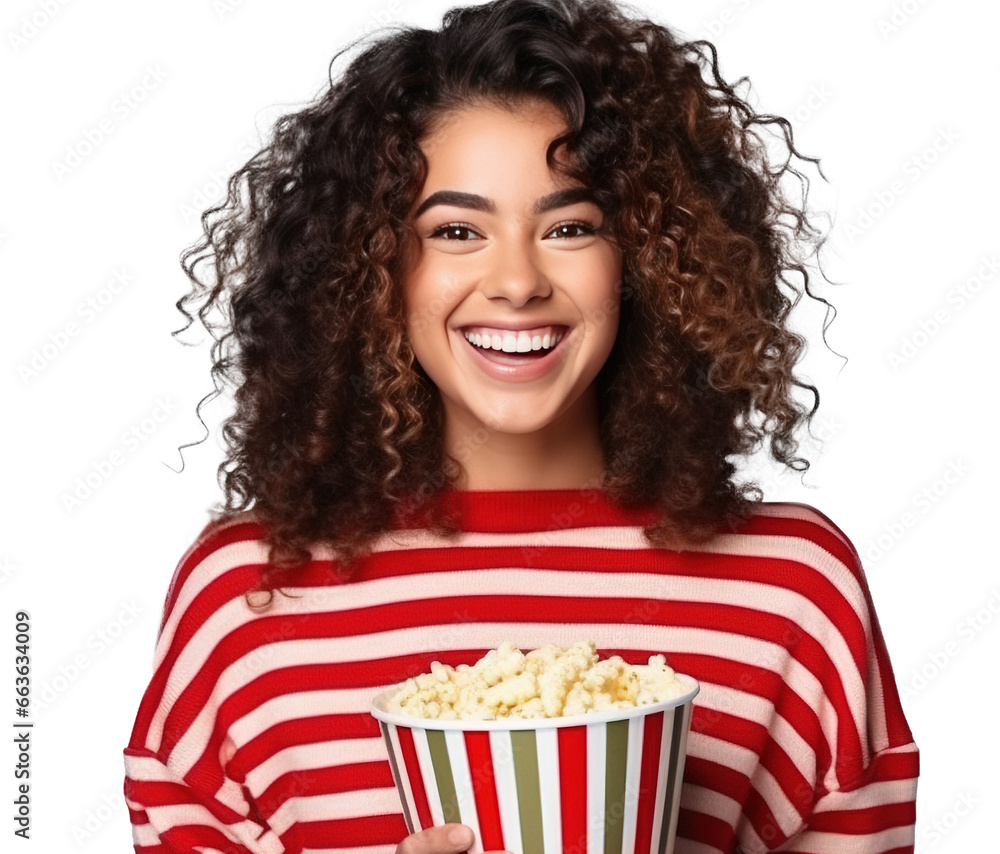 Photo portrait of attractive young woman hold popcorn bucket eating wear trendy striped clothes, png transparent - obrazy, fototapety, plakaty 