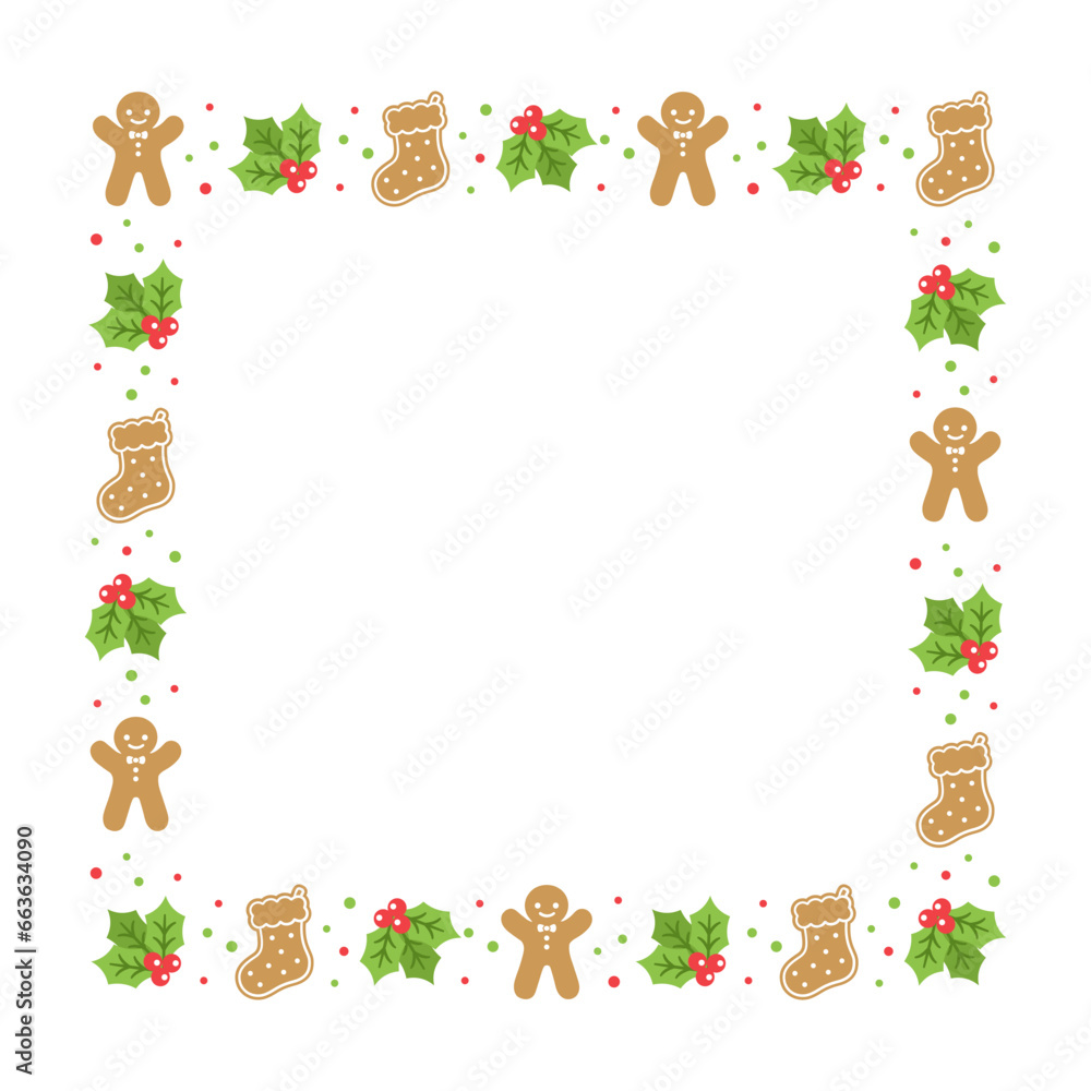 Fototapeta premium Square Gingerbread Cookies Frame Border, Christmas Winter Holiday Graphics. Homemade sweets pattern, card and social media post template on white background. Isolated vector illustration.